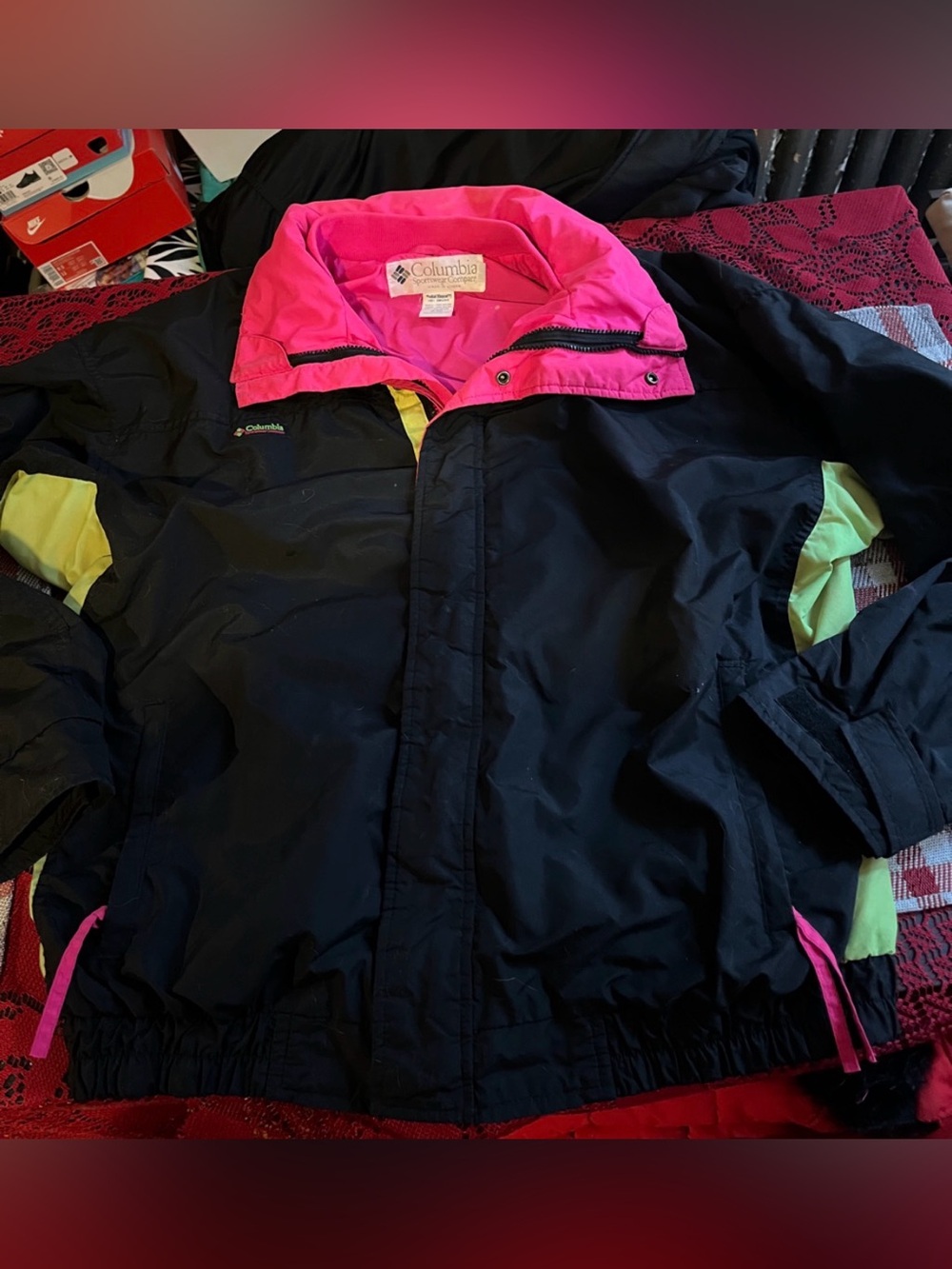 Columbia, Vintage Black Jacket w/Neon Pink and Green Accents, Men’s Size Large